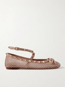 Rockstud leather and satin-trimmed crystal-embellished tulle ballet flats Rockstud leather and satin-trimmed crystal-embellished tulle ballet flats