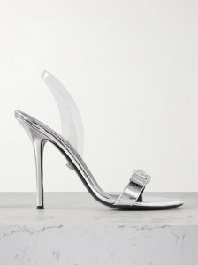 Bow-embellished metallic leather and PVC slingback sandals Bow-embellished metallic leather and PVC slingback sandals