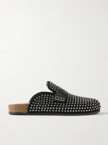 Leather-trimmed crystal-embellished suede mules Leather-trimmed crystal-embellished suede mules
