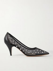 River Iconic leather-trimmed crystal-embellished mesh pumps River Iconic leather-trimmed crystal-embellished mesh pumps