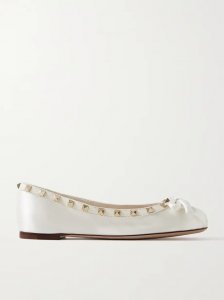 Rockstud leather-trimmed bow-embellished satin ballet flats Rockstud leather-trimmed bow-embellished satin ballet flats