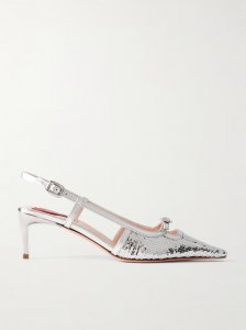 Buckle-embellished sequined metallic leather slingback pumps Buckle-embellished sequined metallic leather slingback pumps