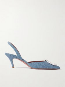 Camelia crystal-embellished denim-effect satin slingback pumps Camelia crystal-embellished denim-effect satin slingback pumps