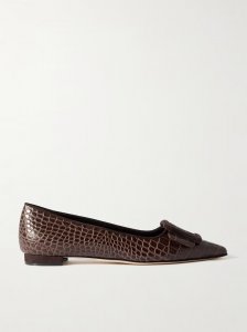 Maysale 10 buckled suede-trimmed croc-effect leather point-toe flats Maysale 10 buckled suede-trimmed croc-effect leather point-toe flats