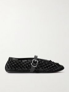 Patent leather-trimmed studded mesh ballet flats Patent leather-trimmed studded mesh ballet flats