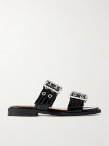 Buckled eyelet-embellished recycled faux patent-leather sandals Buckled eyelet-embellished recycled faux patent-leather sandals