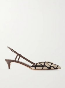 VLOGO 40 embellished leather-trimmed flocked canvas slingback pumps VLOGO 40 embellished leather-trimmed flocked canvas slingback pumps