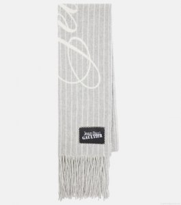 Jean Paul GaultierLogo pinstripe fringed wool scarf Jean Paul GaultierLogo pinstripe fringed wool scarf