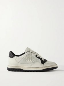 MAC80 distressed leather and embroidered ribbed-knit sneakers MAC80 distressed leather and embroidered ribbed-knit sneakers