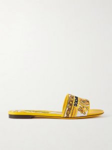 Maiolica Bianca embroidered leather-trimmed canvas slides Maiolica Bianca embroidered leather-trimmed canvas slides