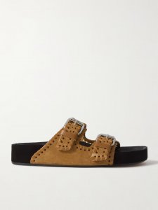 Lennyo leather-trimmed suede slides Lennyo leather-trimmed suede slides