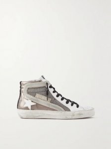 Slide distressed suede-trimmed leather and Lurex high-top sneakers Slide distressed suede-trimmed leather and Lurex high-top sneakers