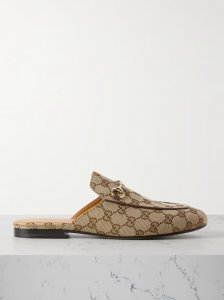 Princetown horsebit-detailed leather-trimmed canvas-jacquard slippers Princetown horsebit-detailed leather-trimmed canvas-jacquard slippers
