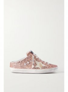 Super-Star Sabot distressed suede-trimmed glittered leather slip-on sneakers Super-Star Sabot distressed suede-trimmed glittered leather slip-on sneakers