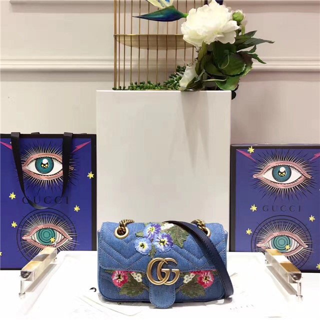 Gucci GG Marmont Mini Bag Denim Flowers Gucci GG Marmont Mini Bag Denim Flowers