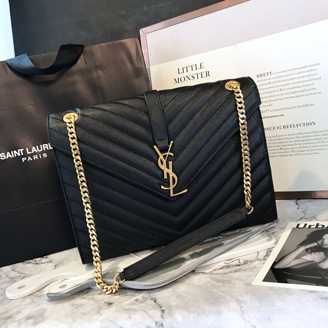 Yves Saint Laurent Cassandre Large Envelope Chain Caviar Black Bag (8089) Yves Saint Laurent Cassandre Large Envelope Chain Caviar Black Bag (8089)