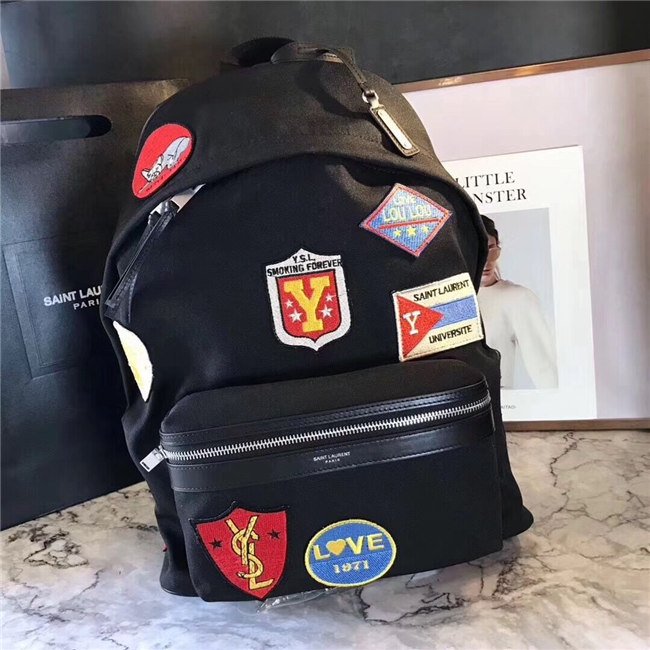 Yves Saint Laurent City Backpack With Patches Black Twill And Leather Yves Saint Laurent City Backpack With Patches Black Twill And Leather