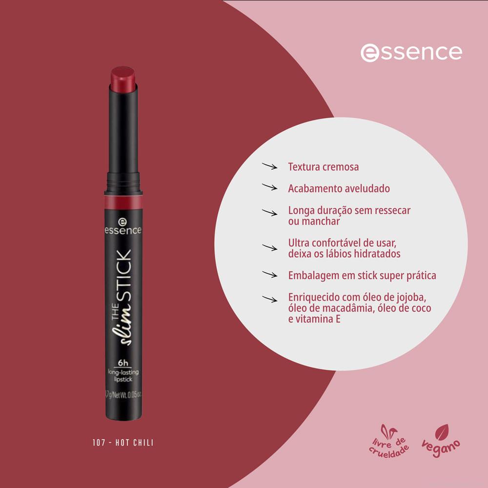 Batom Cremoso Aveludado Essence The Slim Stick 107 Hot Chili 1,7 g Batom Cremoso Aveludado Essence The Slim Stick 107 Hot Chili 1,7 g