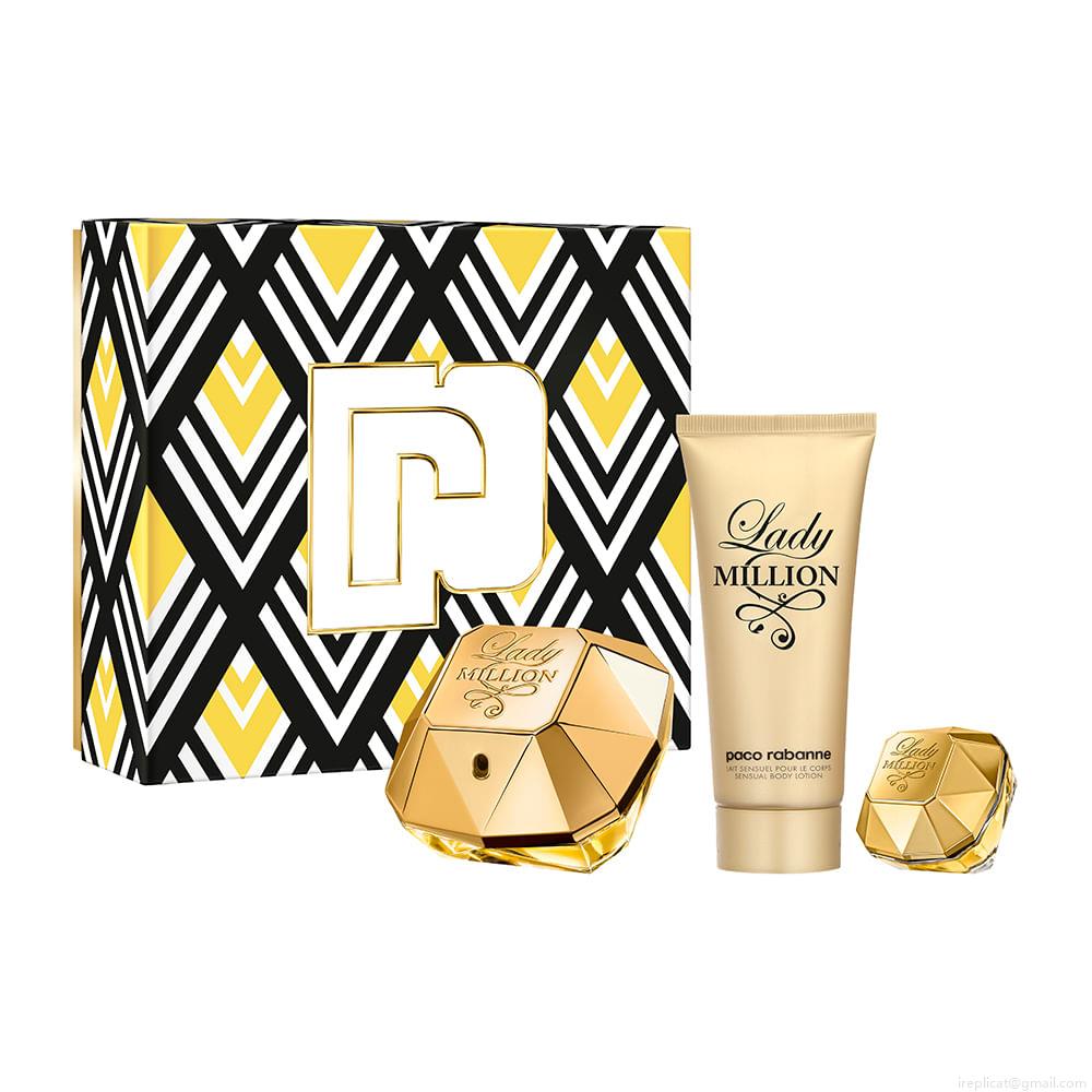 Kit Perfume Paco Rabanne Lady Million Feminino Eau de Parfum 80 ml + Loção Corporal 100 ml + Miniatura 5 ml Kit Perfume Paco Rabanne Lady Million Feminino Eau de Parfum 80 ml + Loção Corporal 100 ml + Miniatura 5 ml