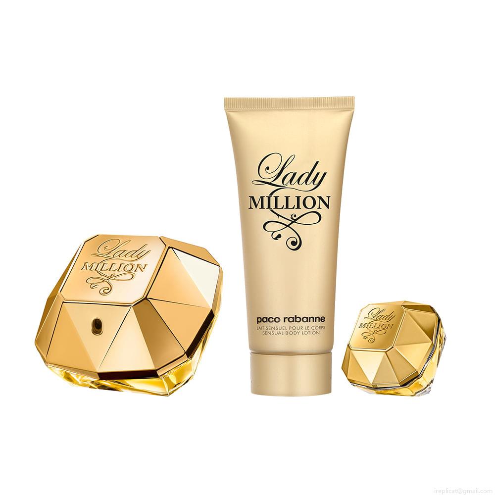 Kit Perfume Paco Rabanne Lady Million Feminino Eau de Parfum 80 ml + Loção Corporal 100 ml + Miniatura 5 ml Kit Perfume Paco Rabanne Lady Million Feminino Eau de Parfum 80 ml + Loção Corporal 100 ml + Miniatura 5 ml