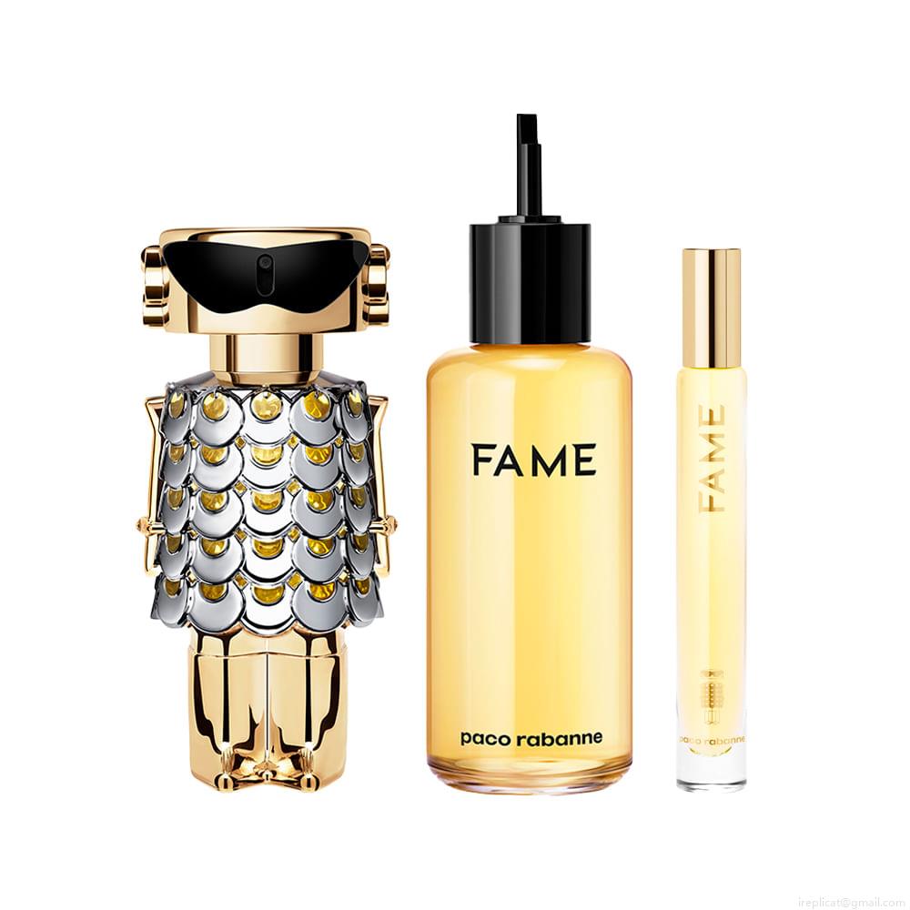 Kit Perfume Paco Rabanne Fame Eau de Parfum Feminino 10 ml + Perfume 200 ml Refil + Perfume 80 ml Regarregável Kit Perfume Paco Rabanne Fame Eau de Parfum Feminino 10 ml + Perfume 200 ml Refil + Perfume 80 ml Regarregável