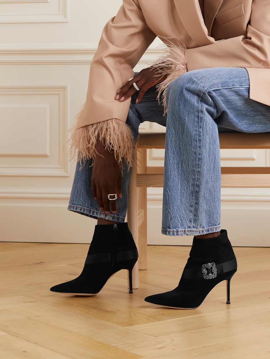 Plinianu 90 crystal-embellished satin-trimmed suede ankle boots Plinianu 90 crystal-embellished satin-trimmed suede ankle boots