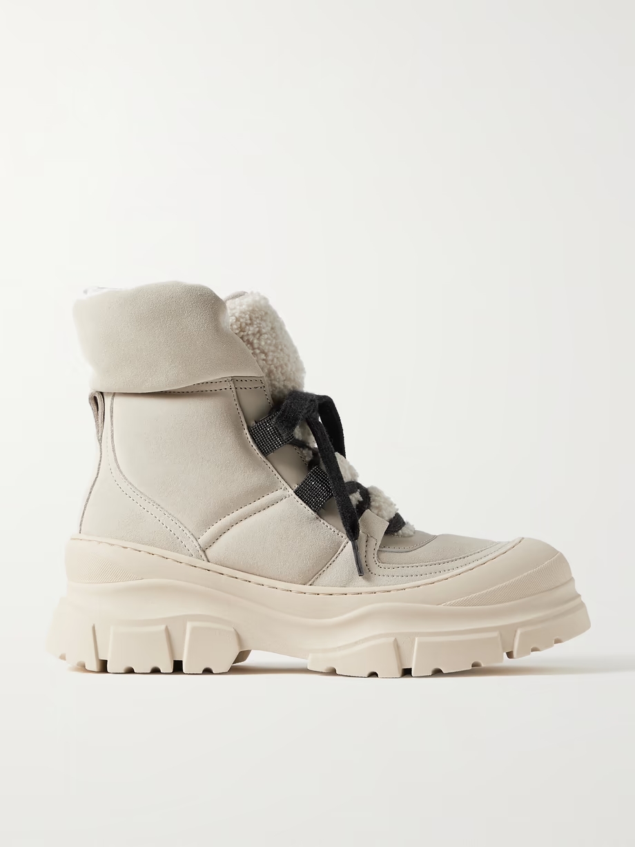 Bead-embellished shearling-trimmed suede ankle boots Bead-embellished shearling-trimmed suede ankle boots