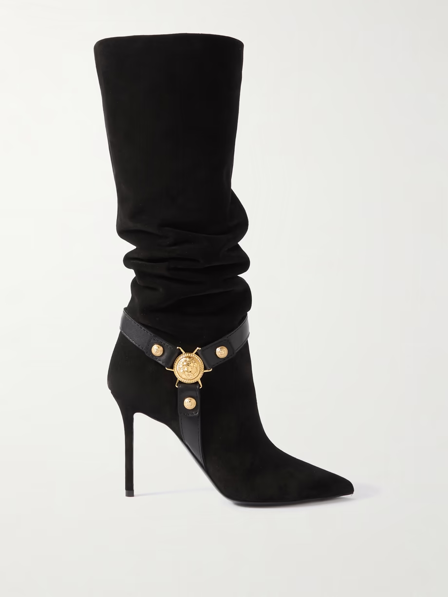 Eva embellished leather-trimmed suede knee boots Eva embellished leather-trimmed suede knee boots