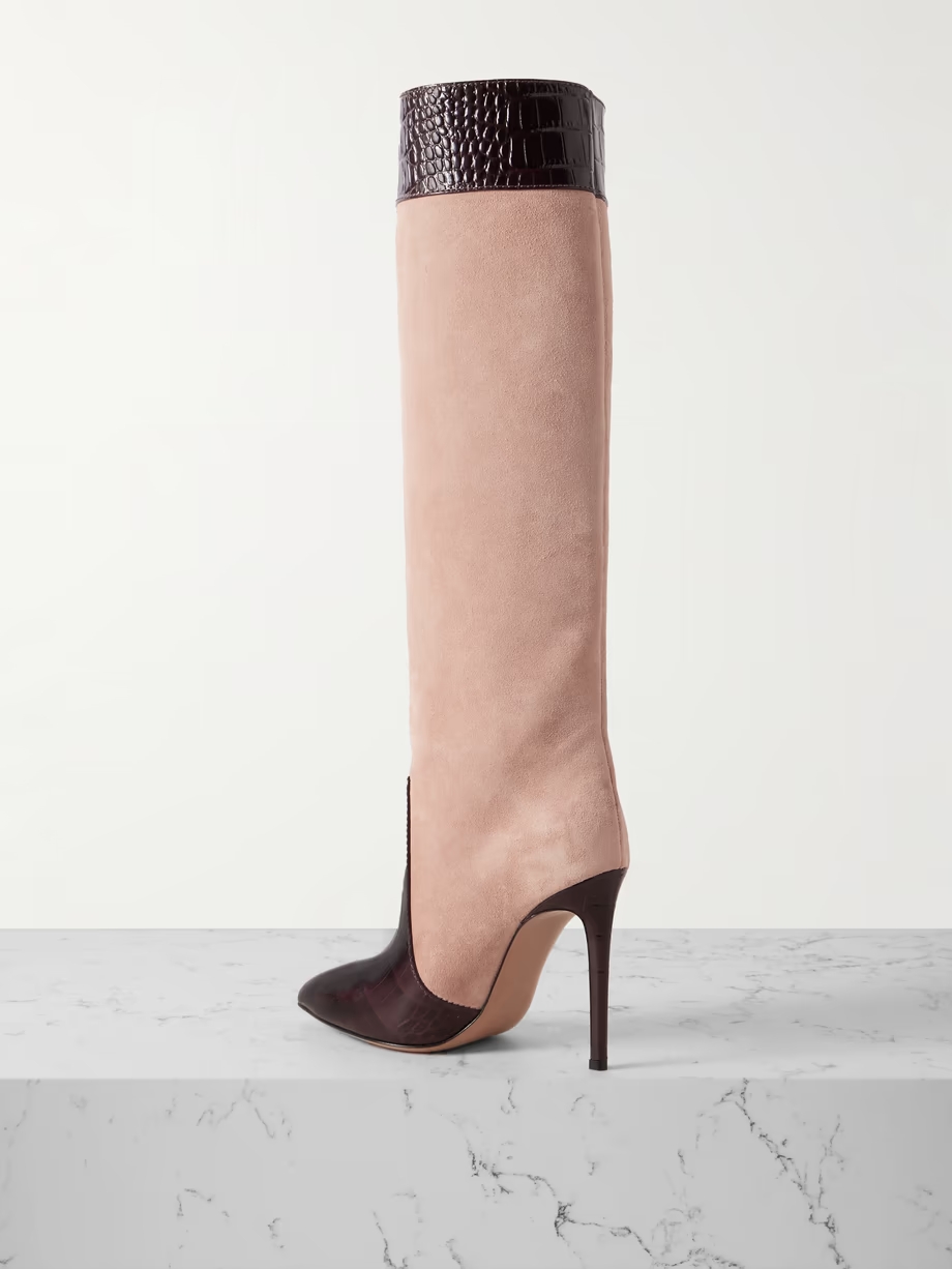 Croc-effect leather-trimmed suede knee-high boots Croc-effect leather-trimmed suede knee-high boots