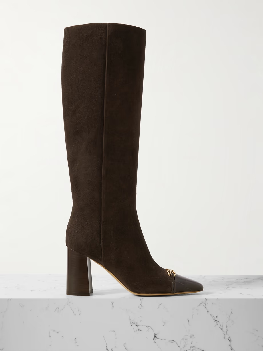 Sibilla embellished croc-effect leather-trimmed suede knee boots Sibilla embellished croc-effect leather-trimmed suede knee boots