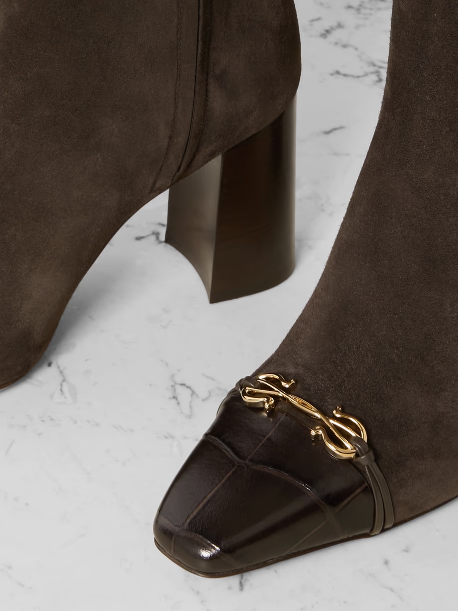 Sibilla embellished croc-effect leather-trimmed suede knee boots Sibilla embellished croc-effect leather-trimmed suede knee boots