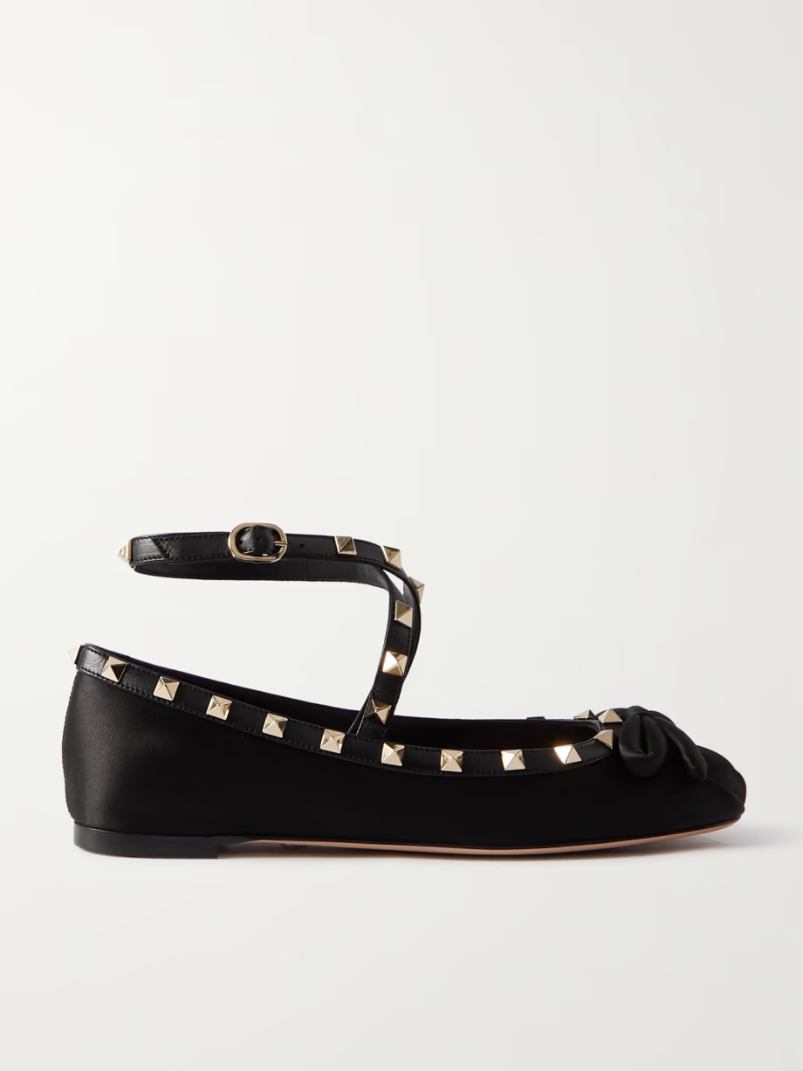 Rockstud leather-trimmed satin ballet flats Rockstud leather-trimmed satin ballet flats