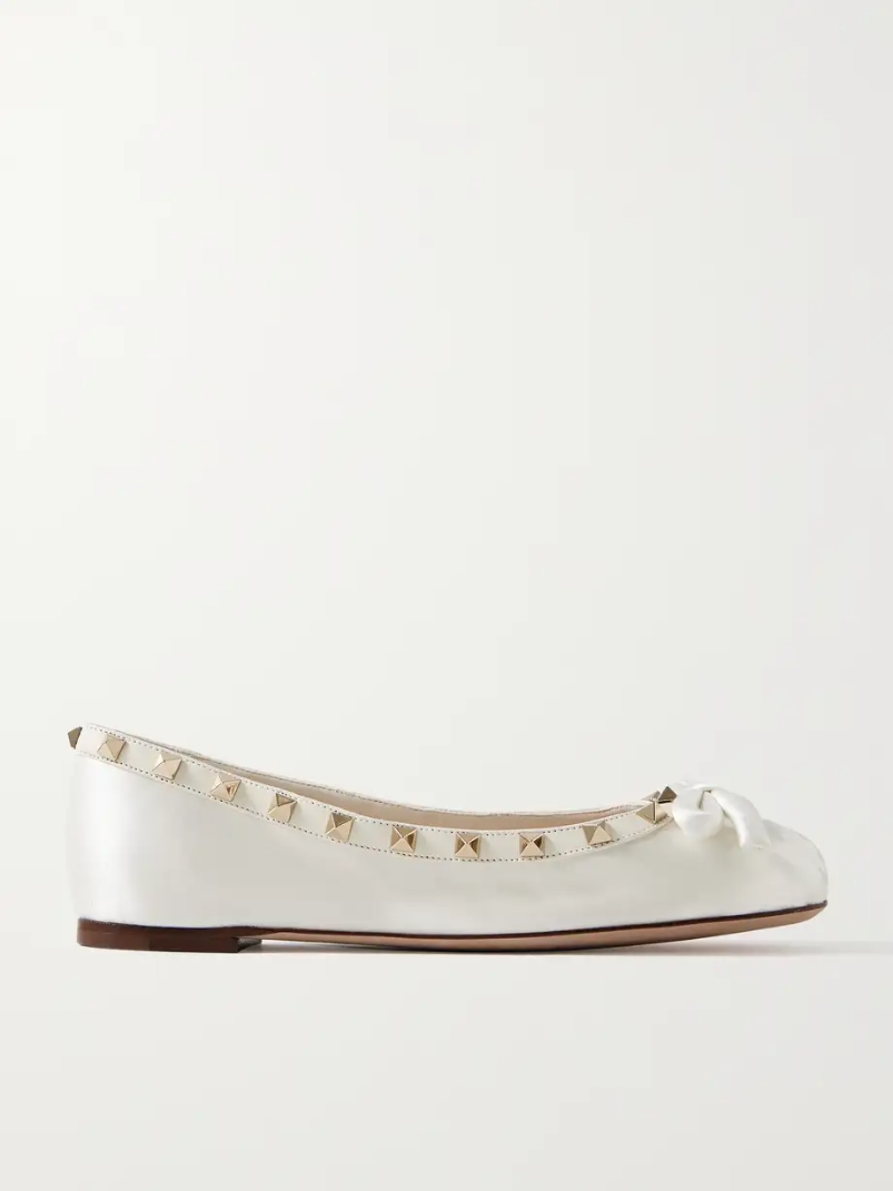 Rockstud leather-trimmed bow-embellished satin ballet flats Rockstud leather-trimmed bow-embellished satin ballet flats