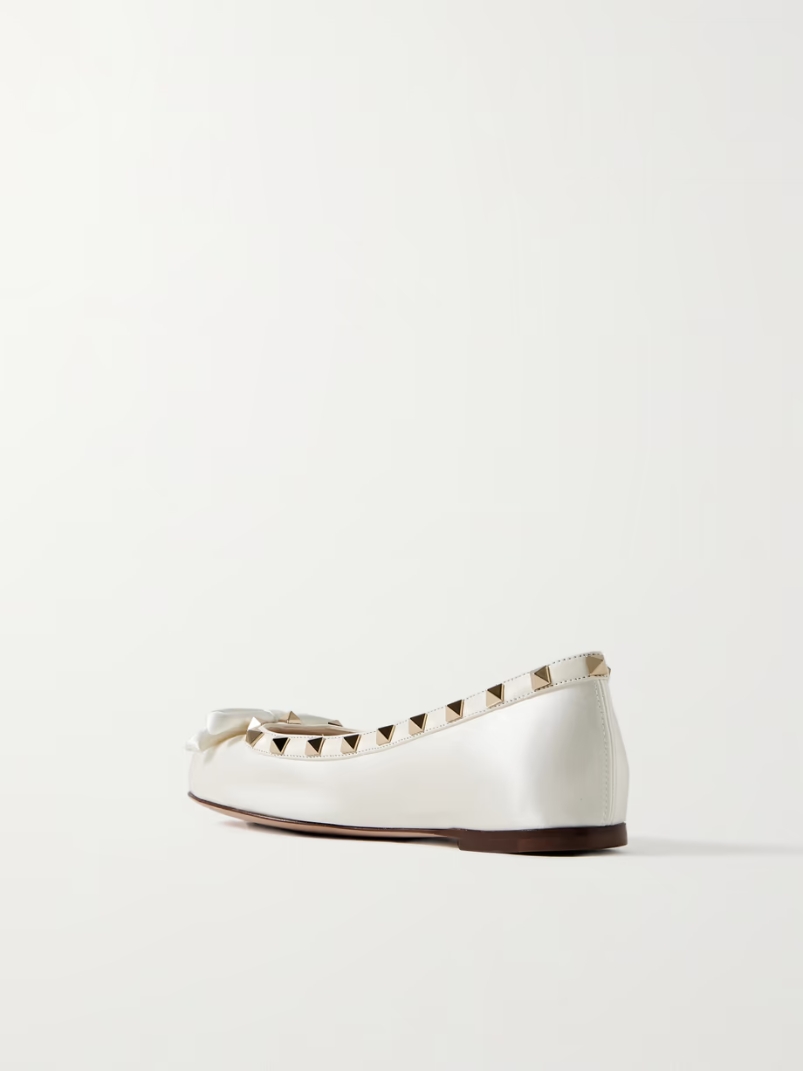 Rockstud leather-trimmed bow-embellished satin ballet flats Rockstud leather-trimmed bow-embellished satin ballet flats