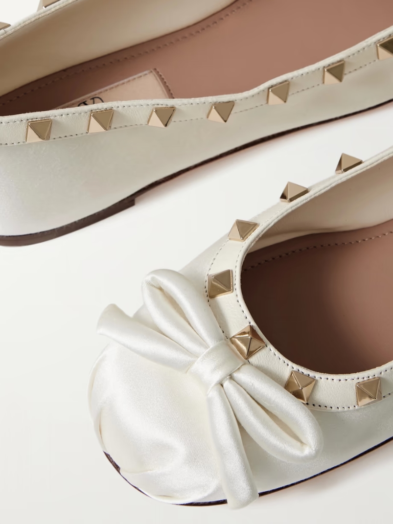 Rockstud leather-trimmed bow-embellished satin ballet flats Rockstud leather-trimmed bow-embellished satin ballet flats