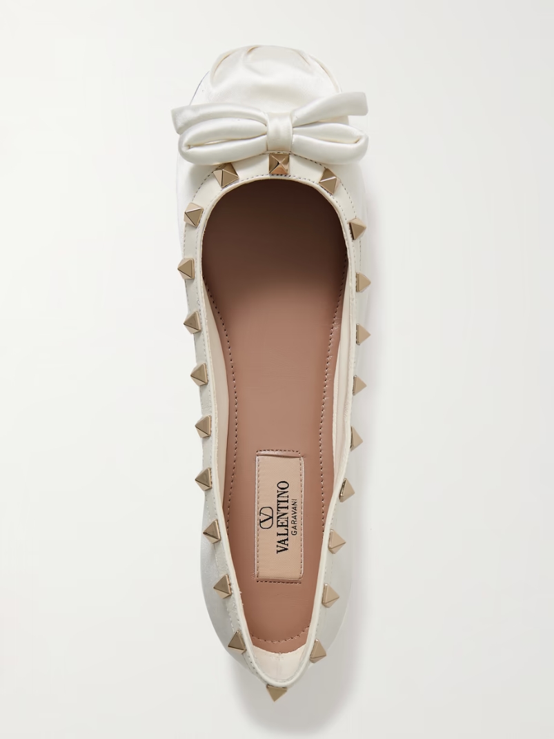 Rockstud leather-trimmed bow-embellished satin ballet flats Rockstud leather-trimmed bow-embellished satin ballet flats