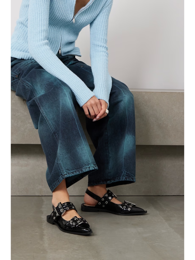 + NET SUSTAIN buckled eyelet-embellished recycled faux patent-leather ballet flats + NET SUSTAIN buckled eyelet-embellished recycled faux patent-leather ballet flats