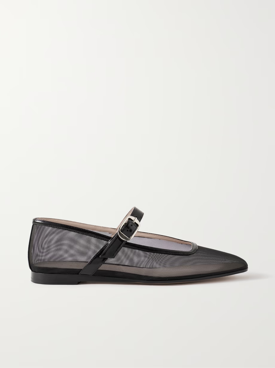 Patent leather-trimmed mesh Mary Jane ballet flats Patent leather-trimmed mesh Mary Jane ballet flats