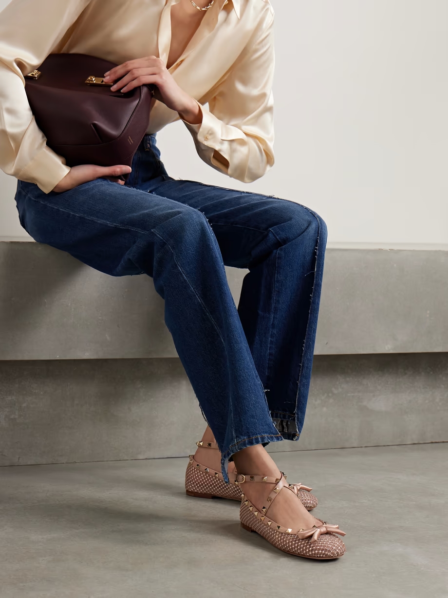 Rockstud leather and satin-trimmed crystal-embellished tulle ballet flats Rockstud leather and satin-trimmed crystal-embellished tulle ballet flats