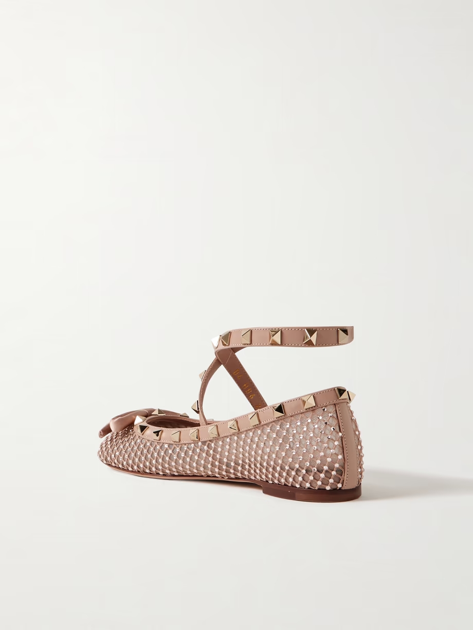 Rockstud leather and satin-trimmed crystal-embellished tulle ballet flats Rockstud leather and satin-trimmed crystal-embellished tulle ballet flats