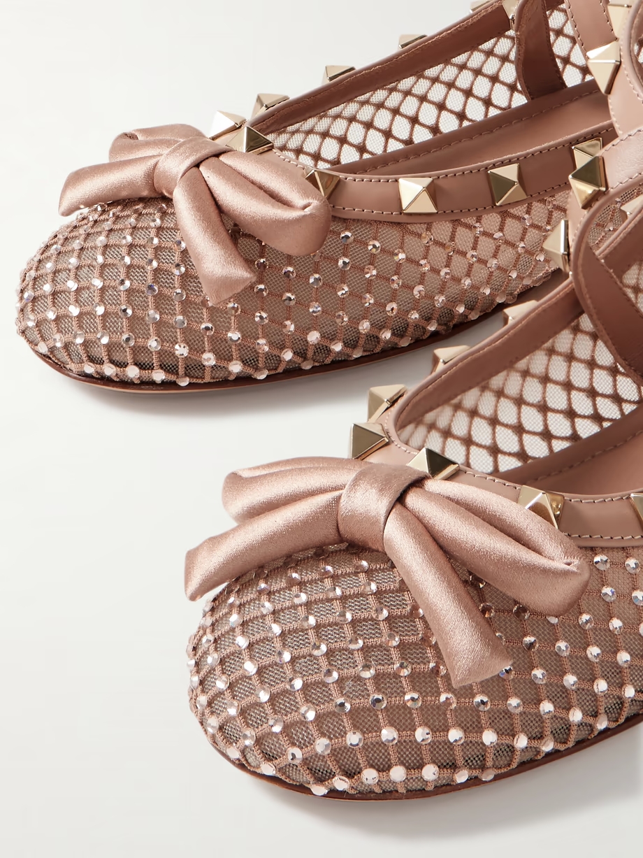 Rockstud leather and satin-trimmed crystal-embellished tulle ballet flats Rockstud leather and satin-trimmed crystal-embellished tulle ballet flats