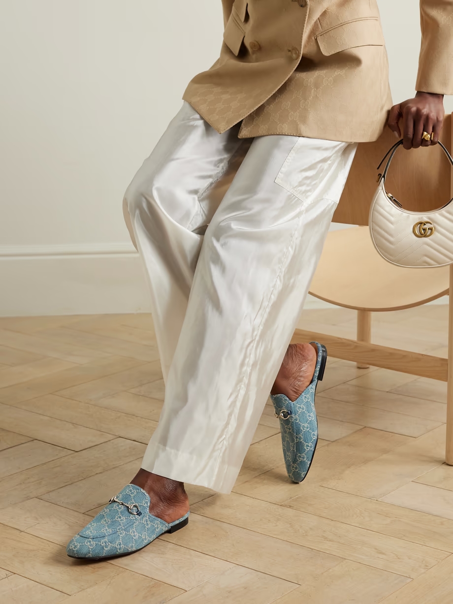 Princetown horsebit-detailed denim-jacquard slippers Princetown horsebit-detailed denim-jacquard slippers