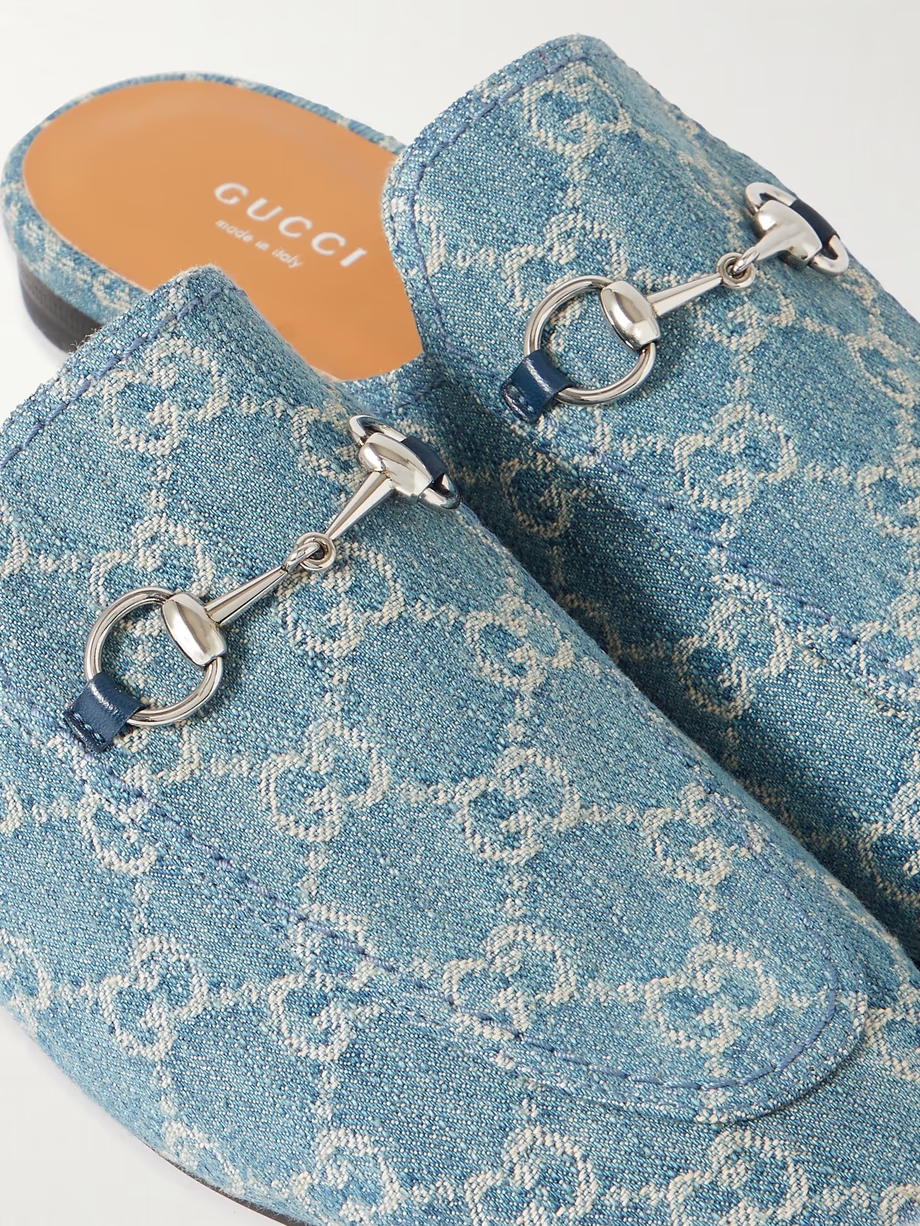 Princetown horsebit-detailed denim-jacquard slippers Princetown horsebit-detailed denim-jacquard slippers