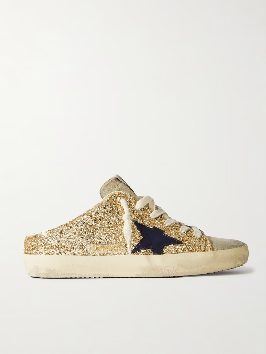 Super-Star Sabot distressed leather-trimmed glittered suede slip-on sneakers Super-Star Sabot distressed leather-trimmed glittered suede slip-on sneakers