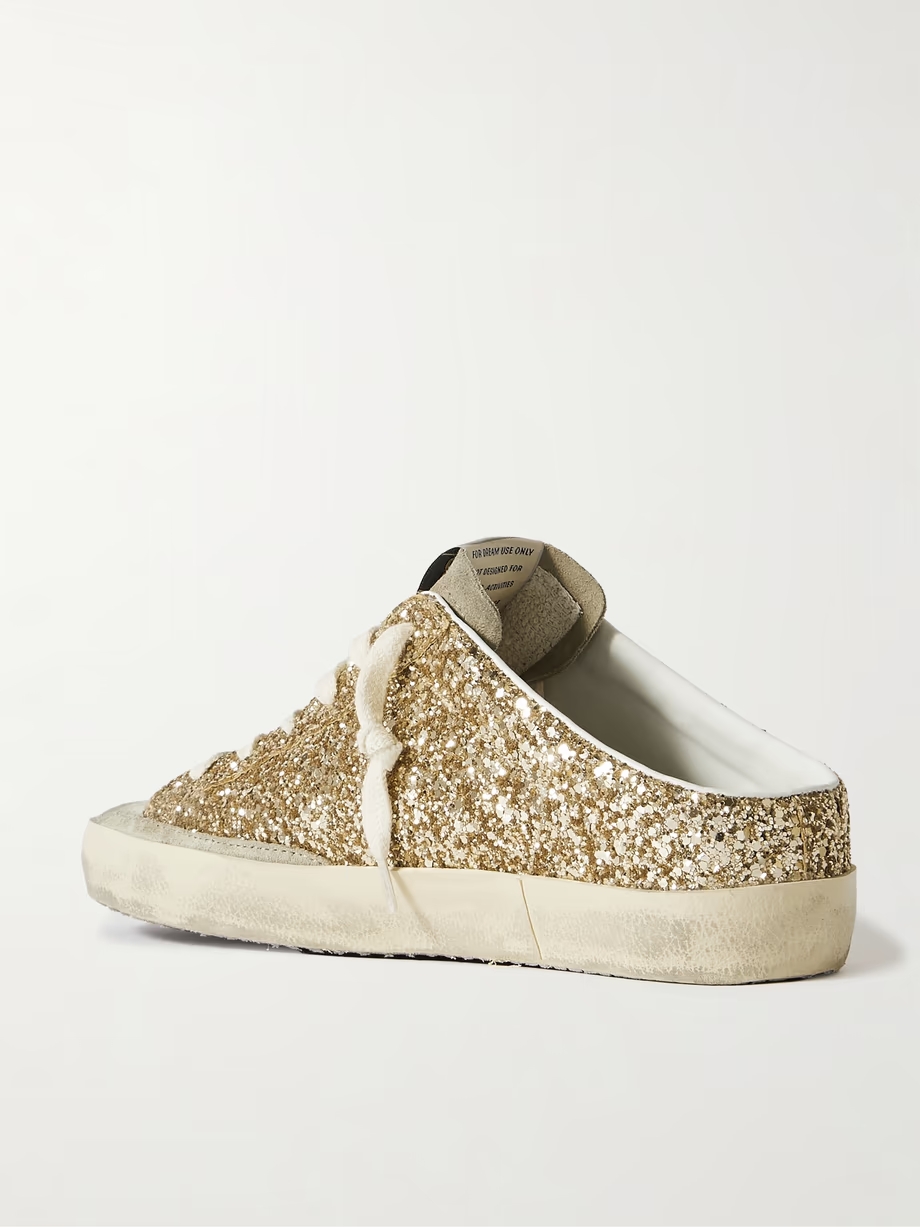 Super-Star Sabot distressed leather-trimmed glittered suede slip-on sneakers Super-Star Sabot distressed leather-trimmed glittered suede slip-on sneakers