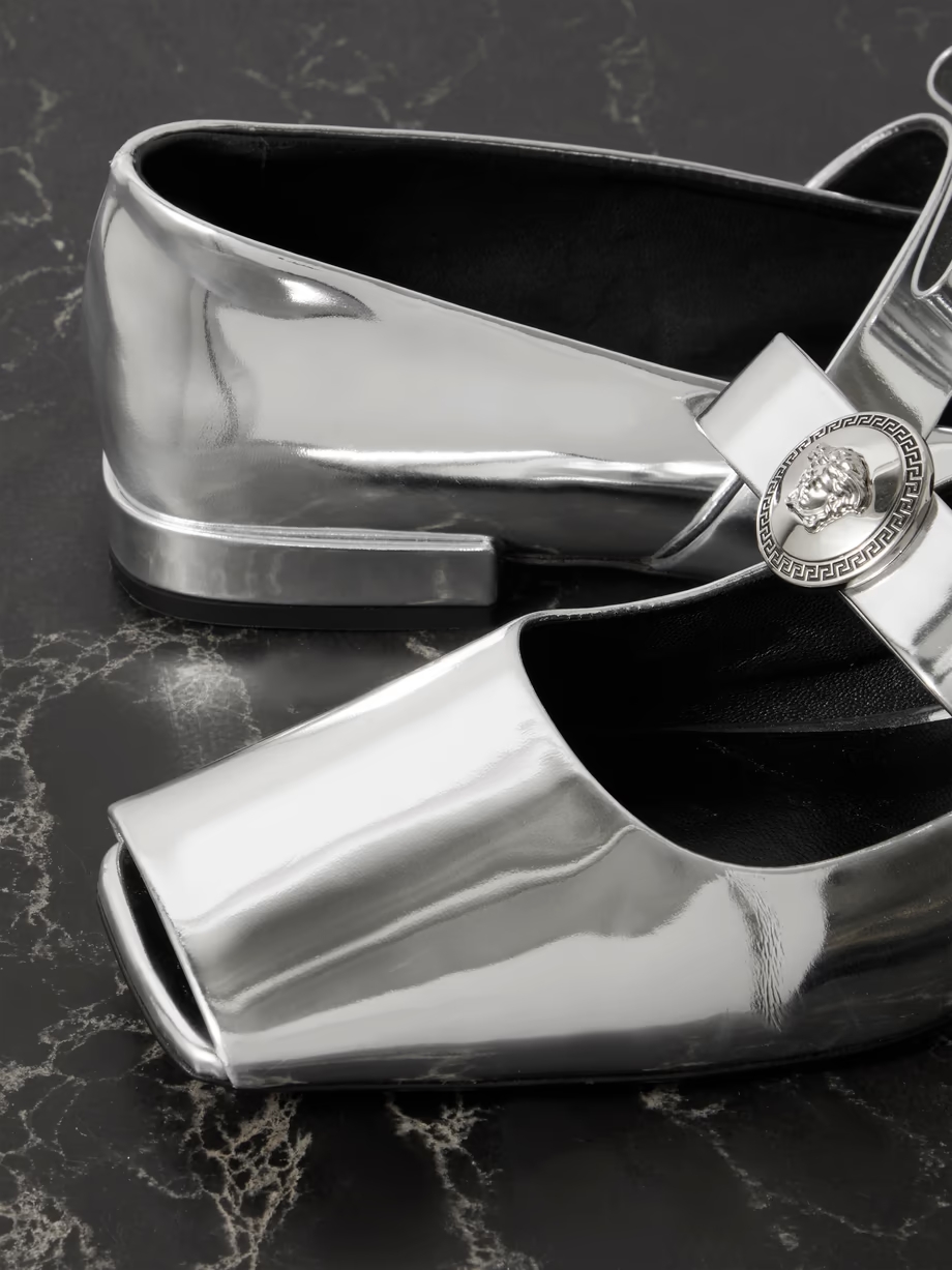 Embellished mirrored-leather open-toe ballet flats Embellished mirrored-leather open-toe ballet flats