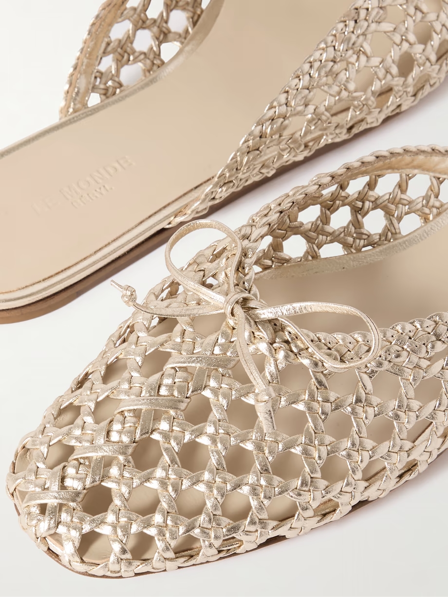 Regency bow-embellished woven metallic leather slides Regency bow-embellished woven metallic leather slides
