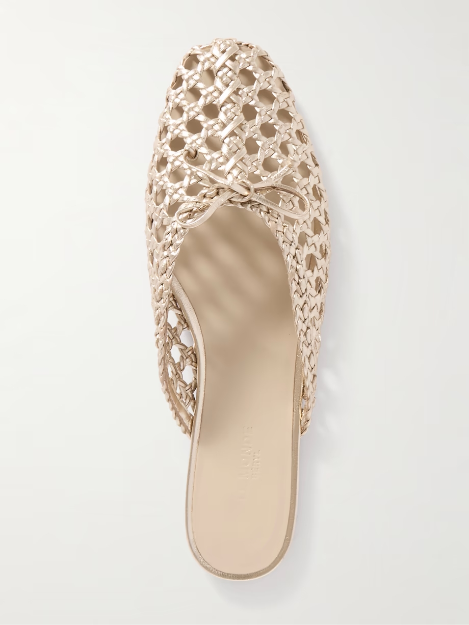 Regency bow-embellished woven metallic leather slides Regency bow-embellished woven metallic leather slides