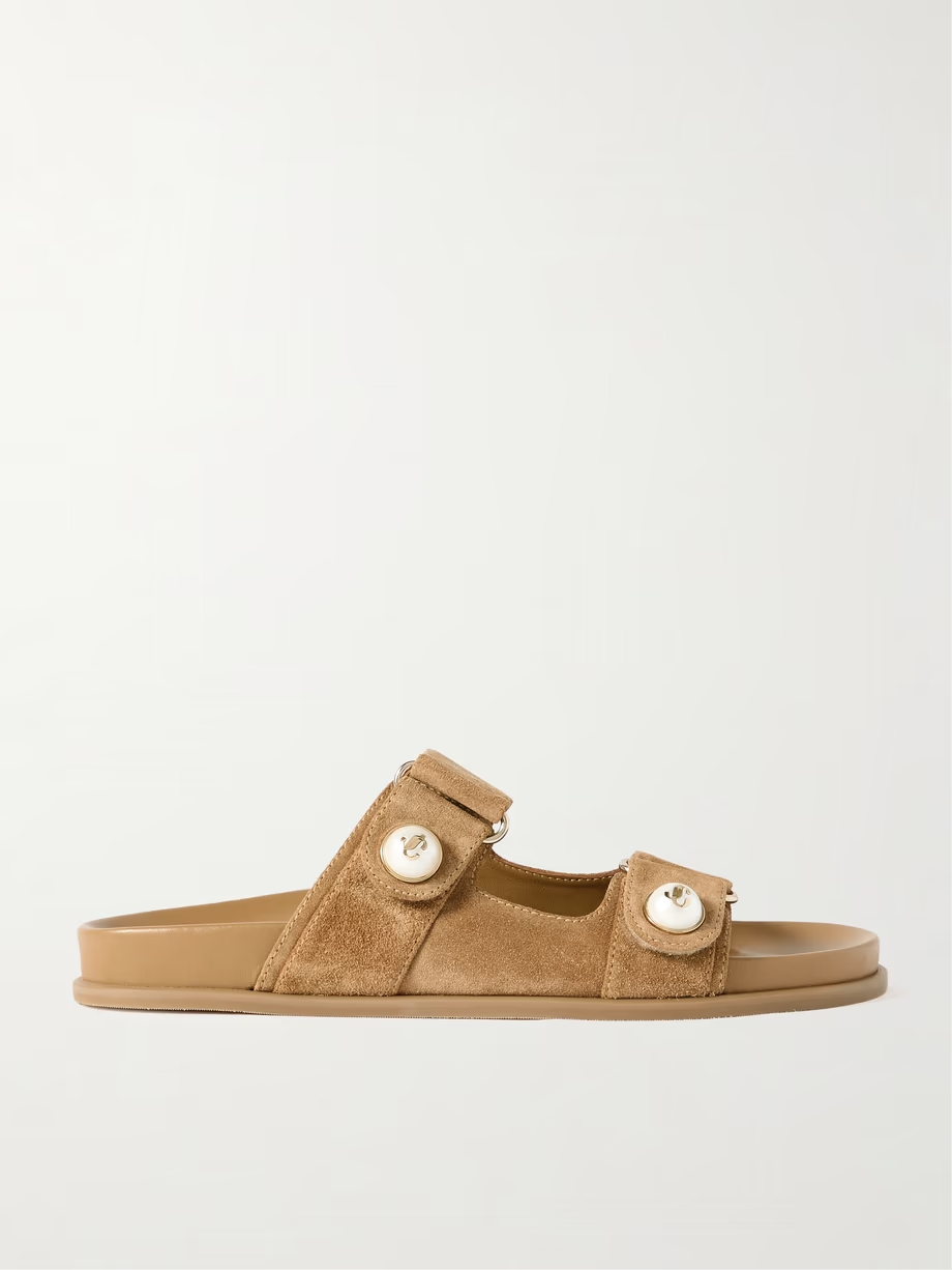 Fayence faux pearl-embellished suede slides Fayence faux pearl-embellished suede slides