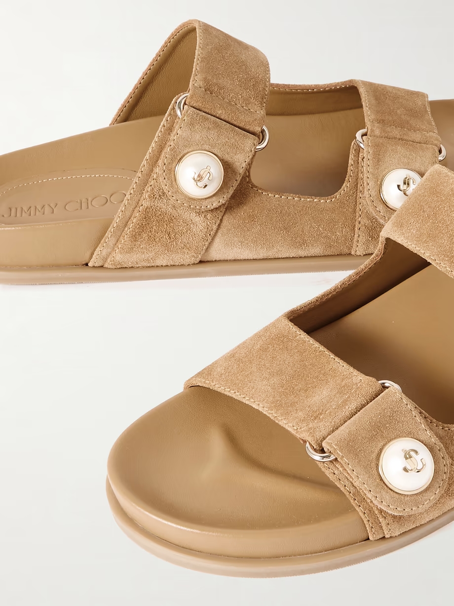 Fayence faux pearl-embellished suede slides Fayence faux pearl-embellished suede slides